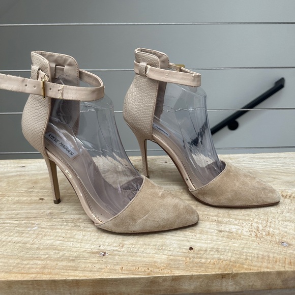 Steve Madden nude suede snakeskin pump pointed adjustable ankle strap size 8.5 - Picture 1 of 10